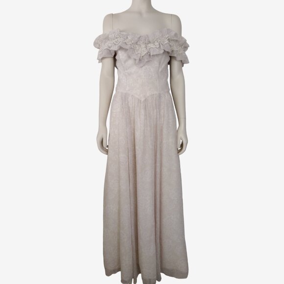 Vintage 1980s Jessica Mcclintock Purple Ruffled Floral Off Shoulder Maxi